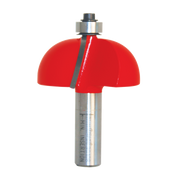 Red cove router bit with metal shank and bearing collar on metallic shaft.