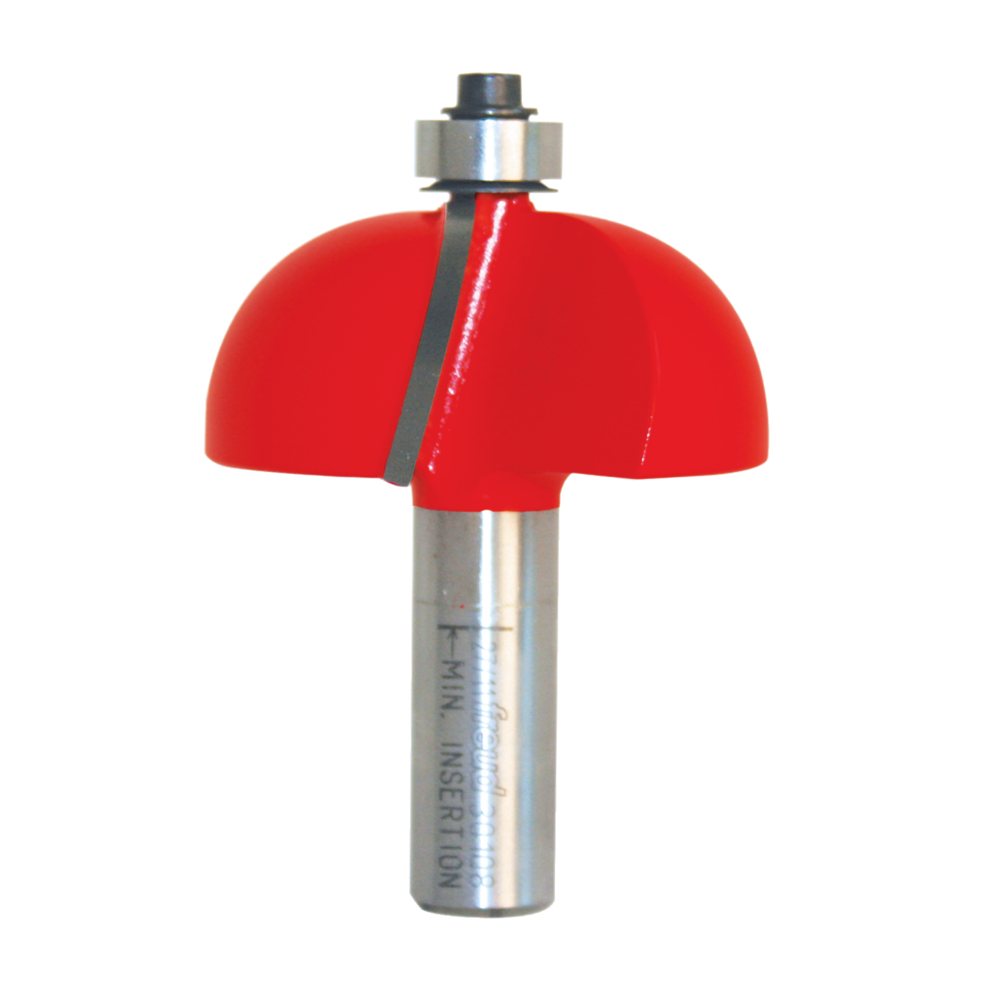 Red cove router bit with metal shank and bearing collar on metallic shaft.