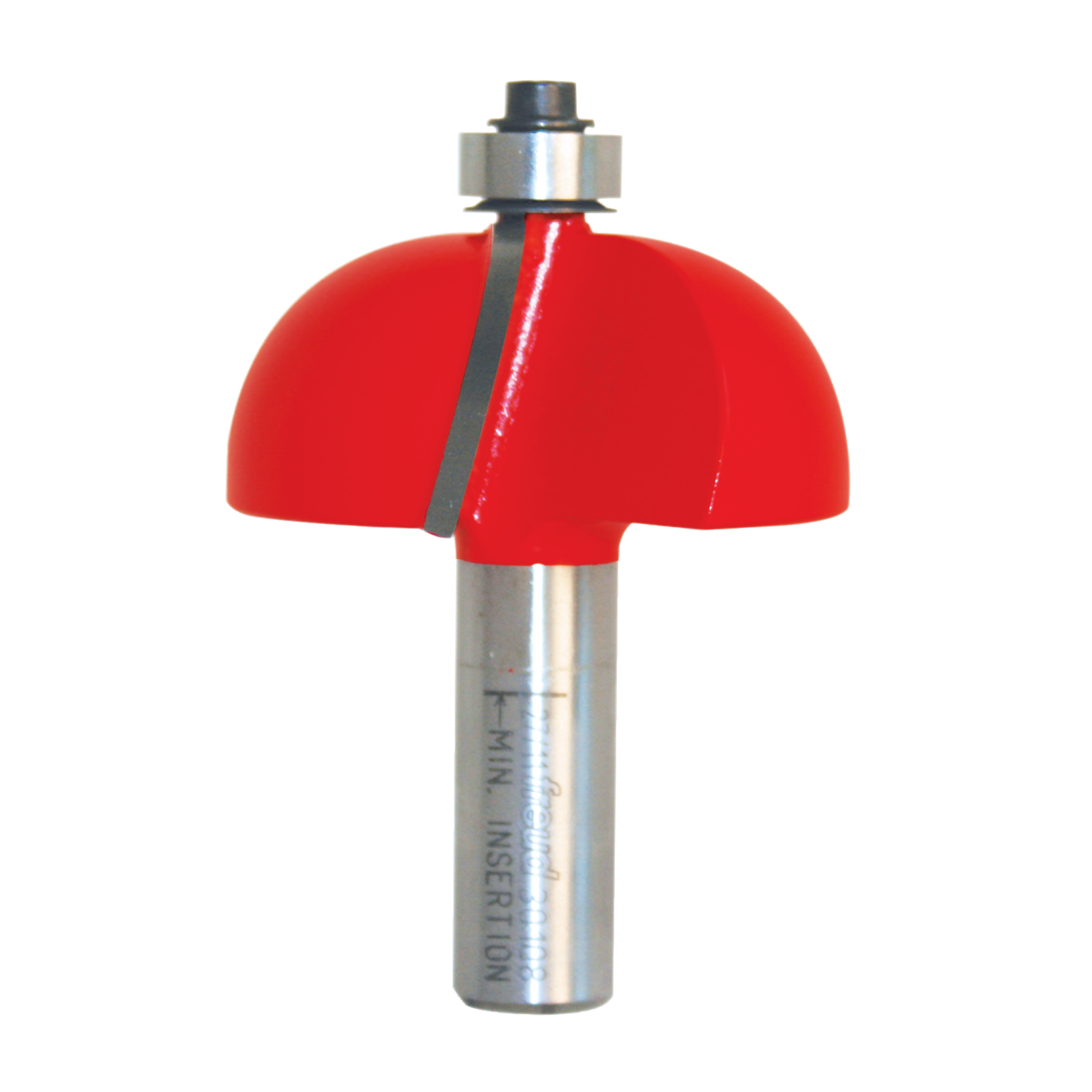 Red cove router bit with metal shank and bearing collar on metallic shaft.