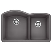 Dark gray composite kitchen sink with two unequal bowls and chrome drain fixtures, viewed from above.