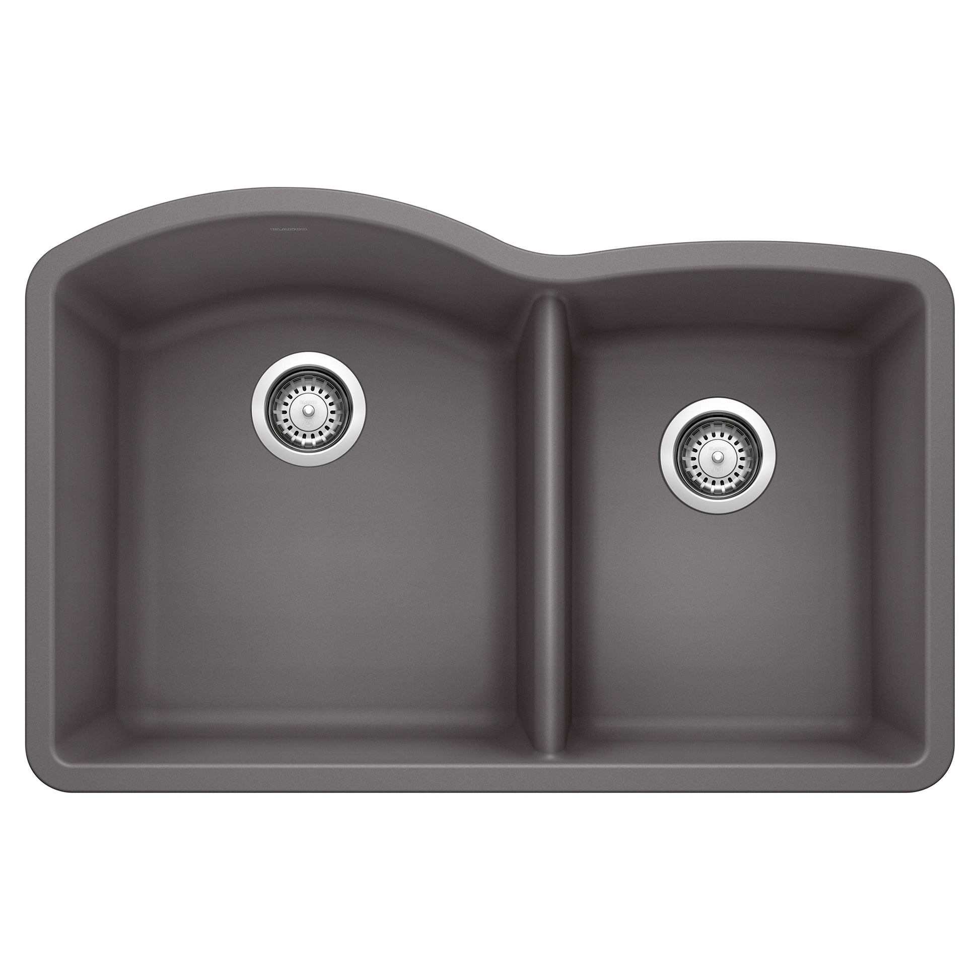 Dark gray composite kitchen sink with two unequal bowls and chrome drain fixtures, viewed from above.