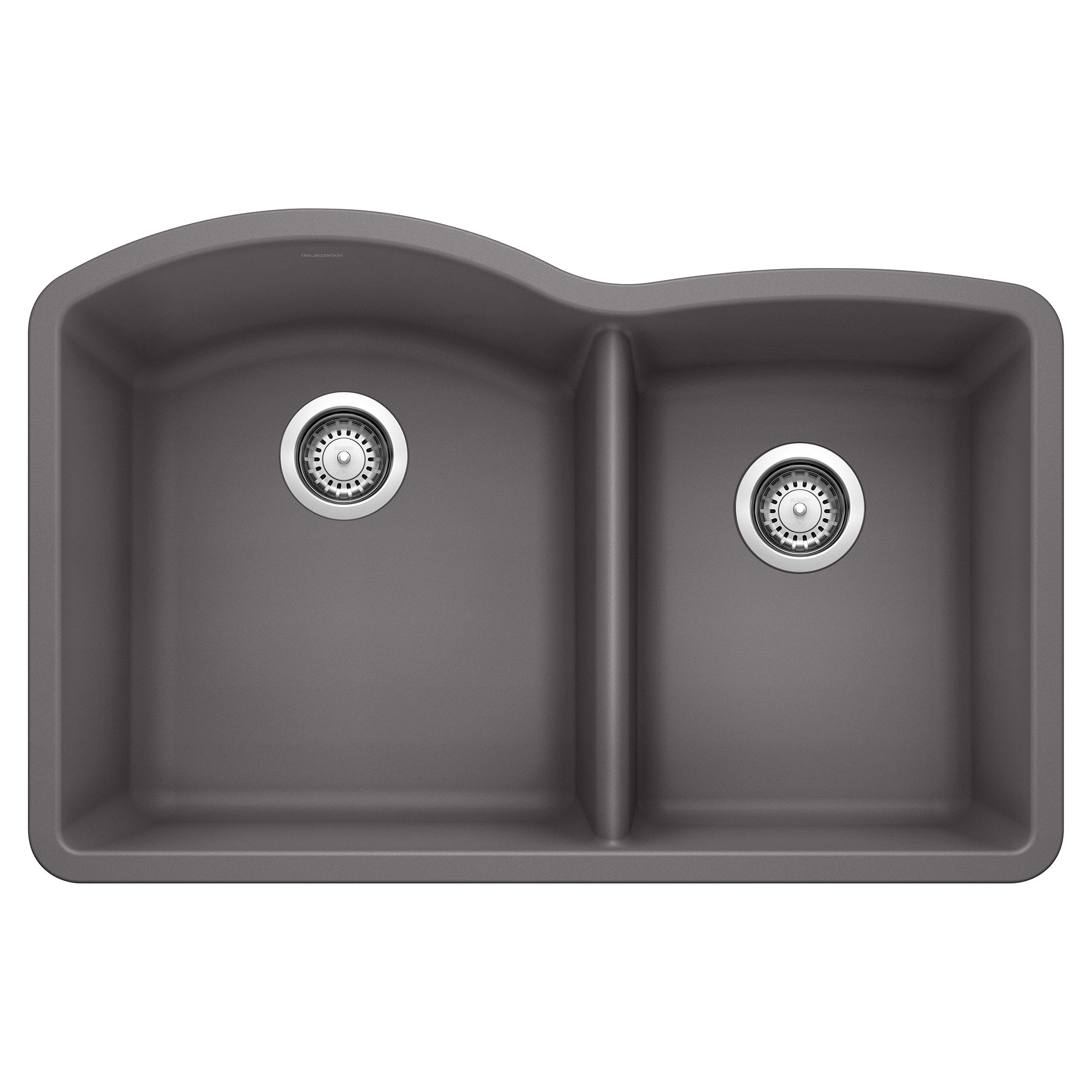 Dark gray composite kitchen sink with two unequal bowls and chrome drain fixtures, viewed from above.
