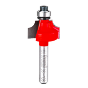 Freud beading router bit with red cutting head, metal shaft, and bearing guide on white background.