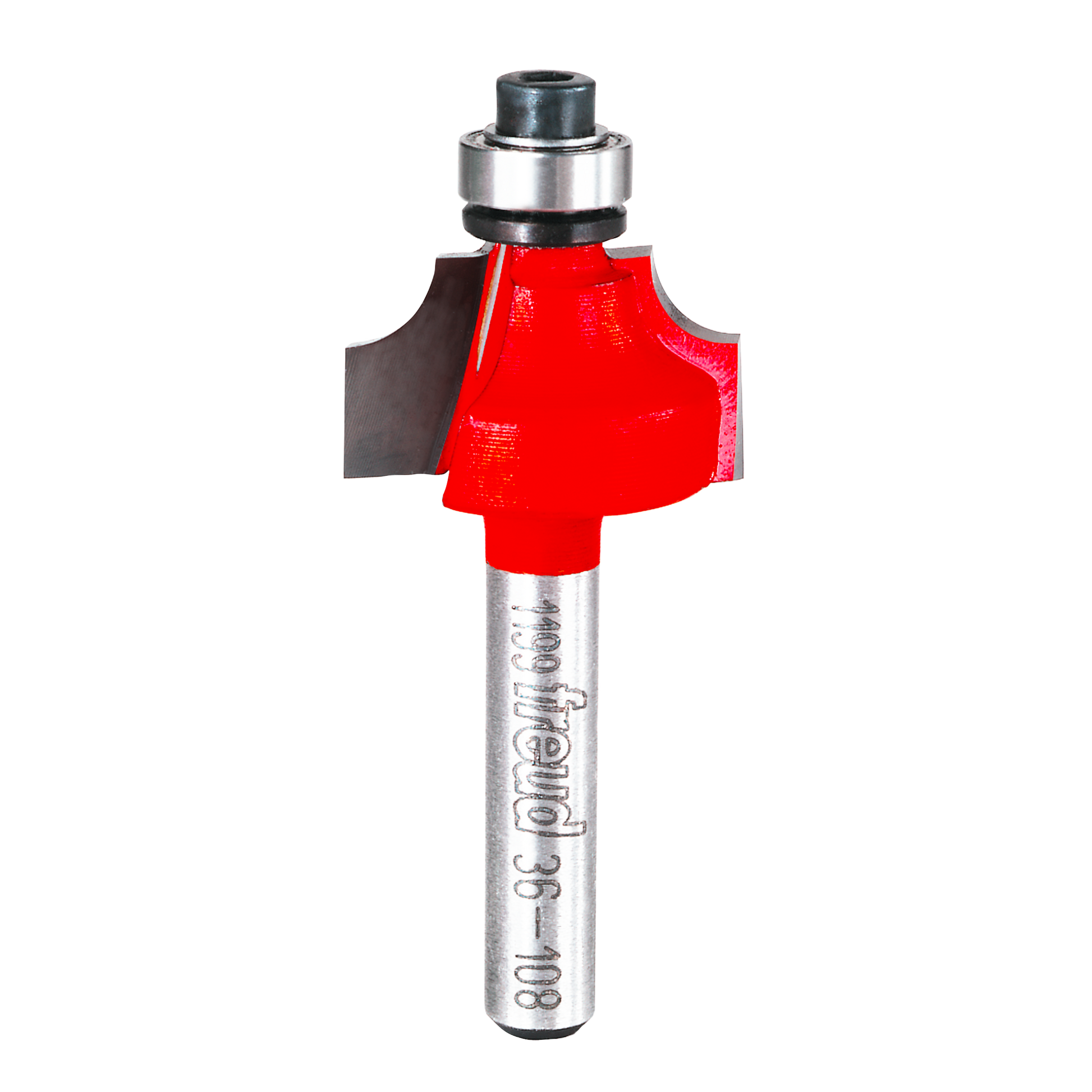 Freud beading router bit with red cutting head, metal shaft, and bearing guide on white background.