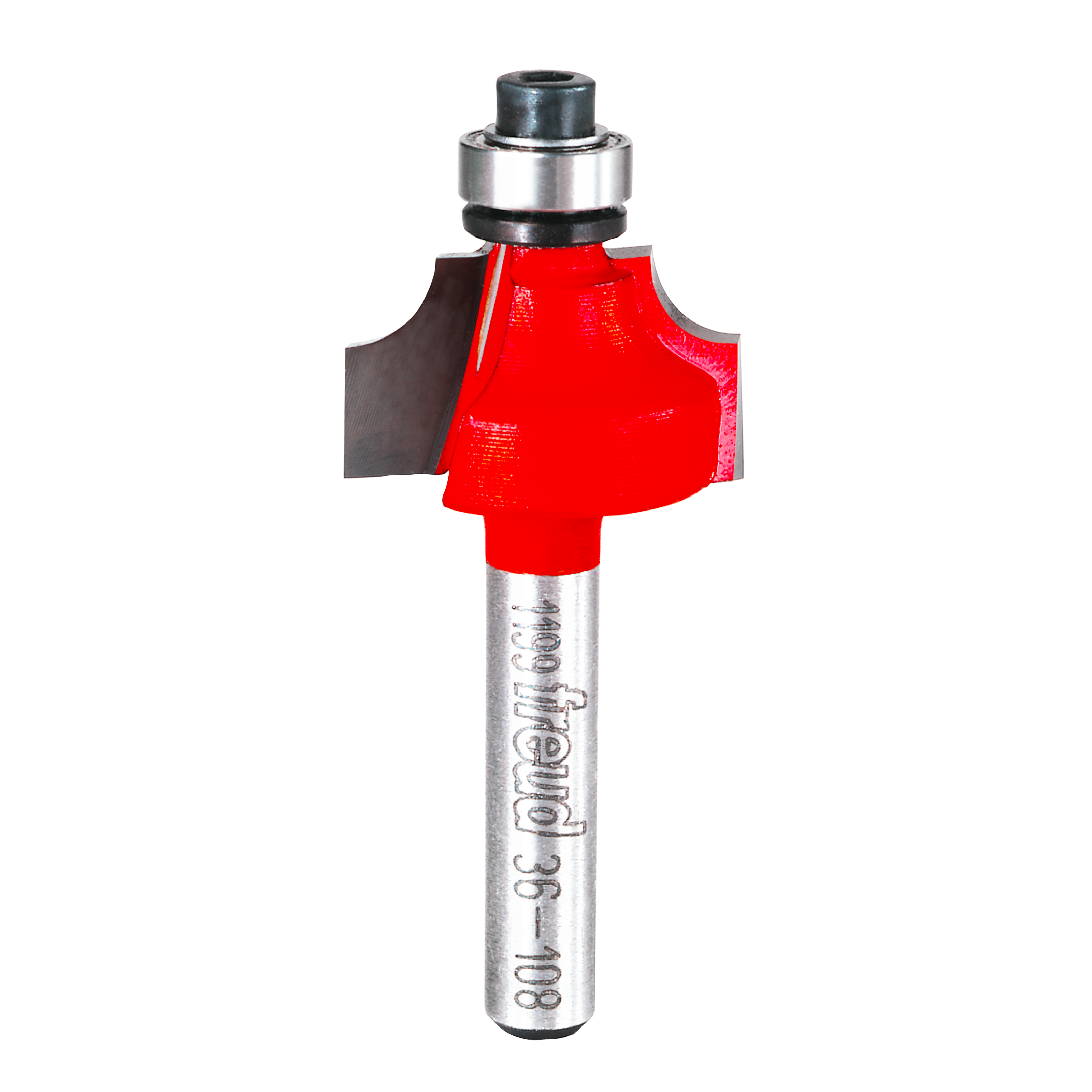 Freud beading router bit with red cutting head, metal shaft, and bearing guide on white background.