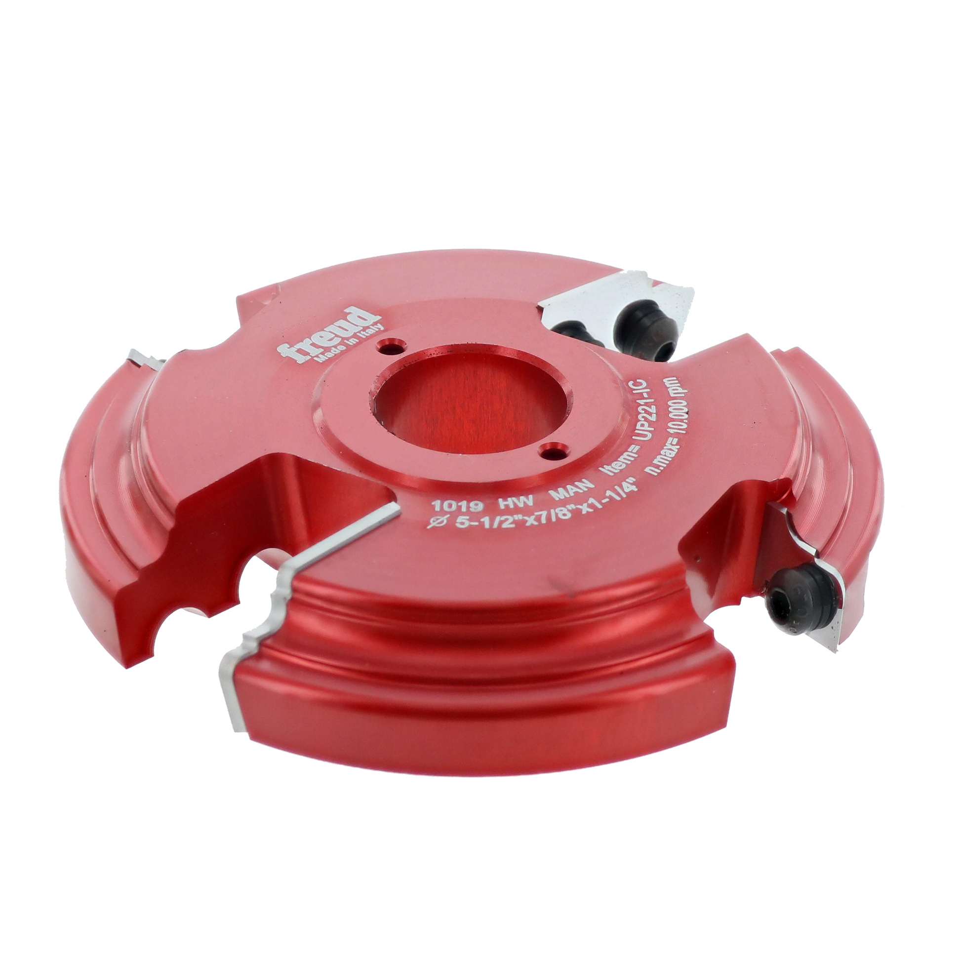 Red router cutter head with two white tool holders and central bore, featuring curved cutting edges on sides.