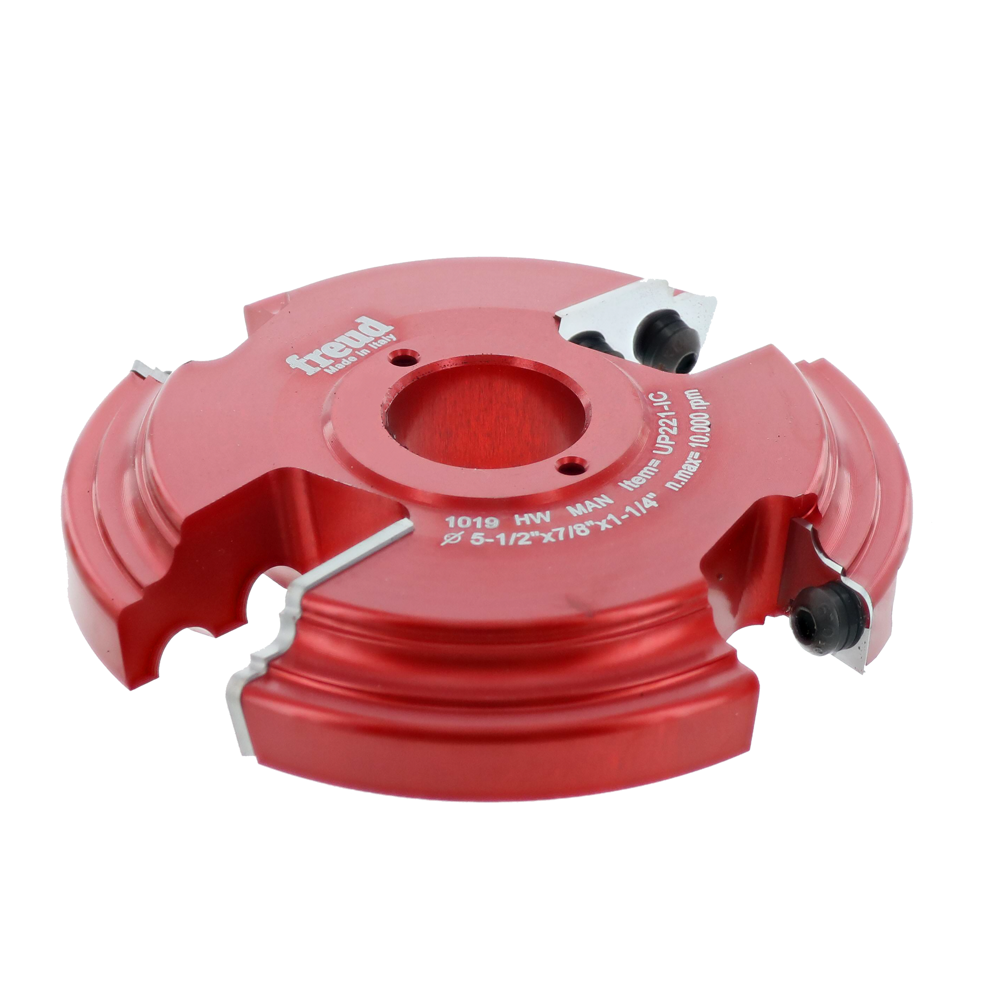 Red router cutter head with two white tool holders and central bore, featuring curved cutting edges on sides.