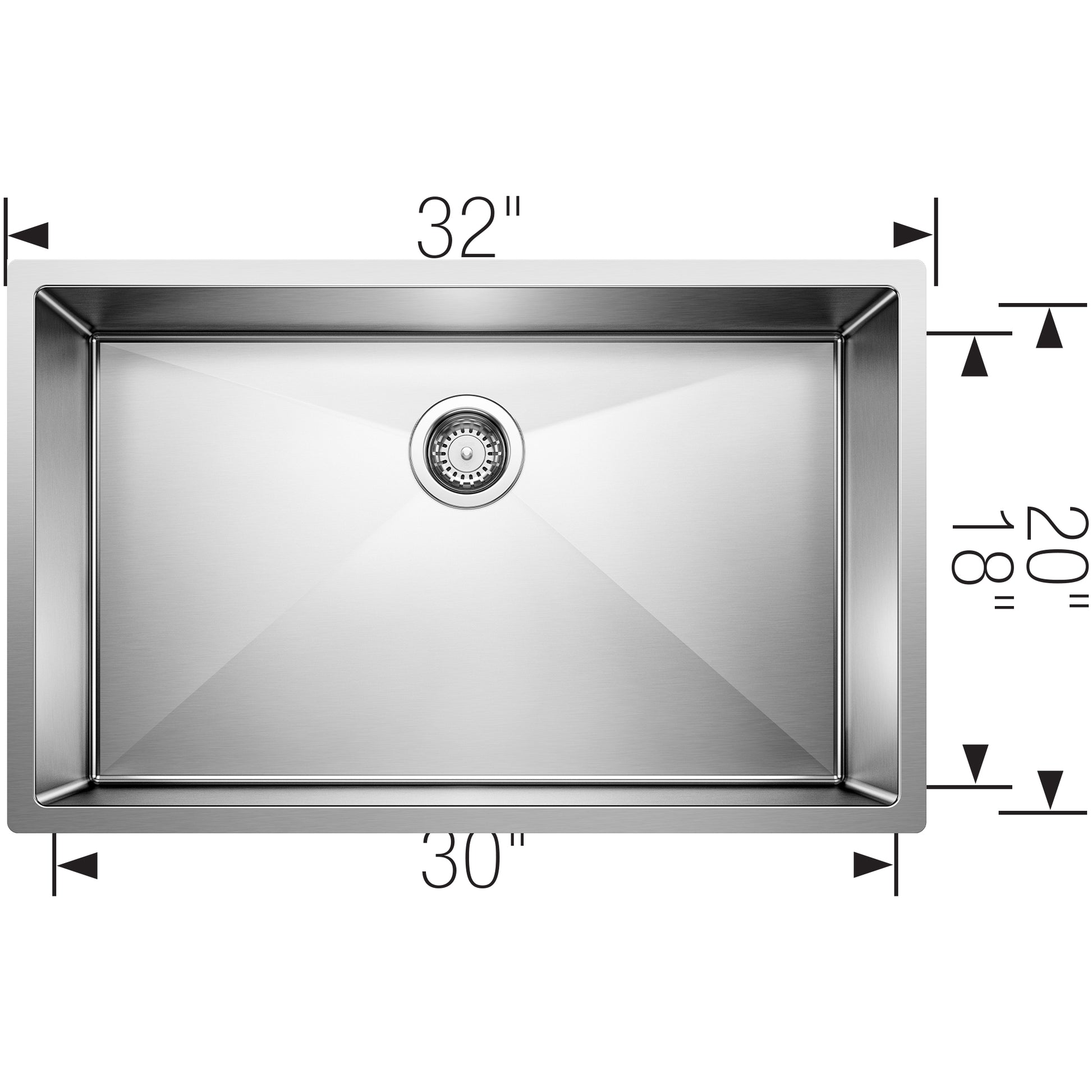 Stainless steel single bowl undermount sink, 32" wide by 20" deep, with drain strainer and dimension measurements.
