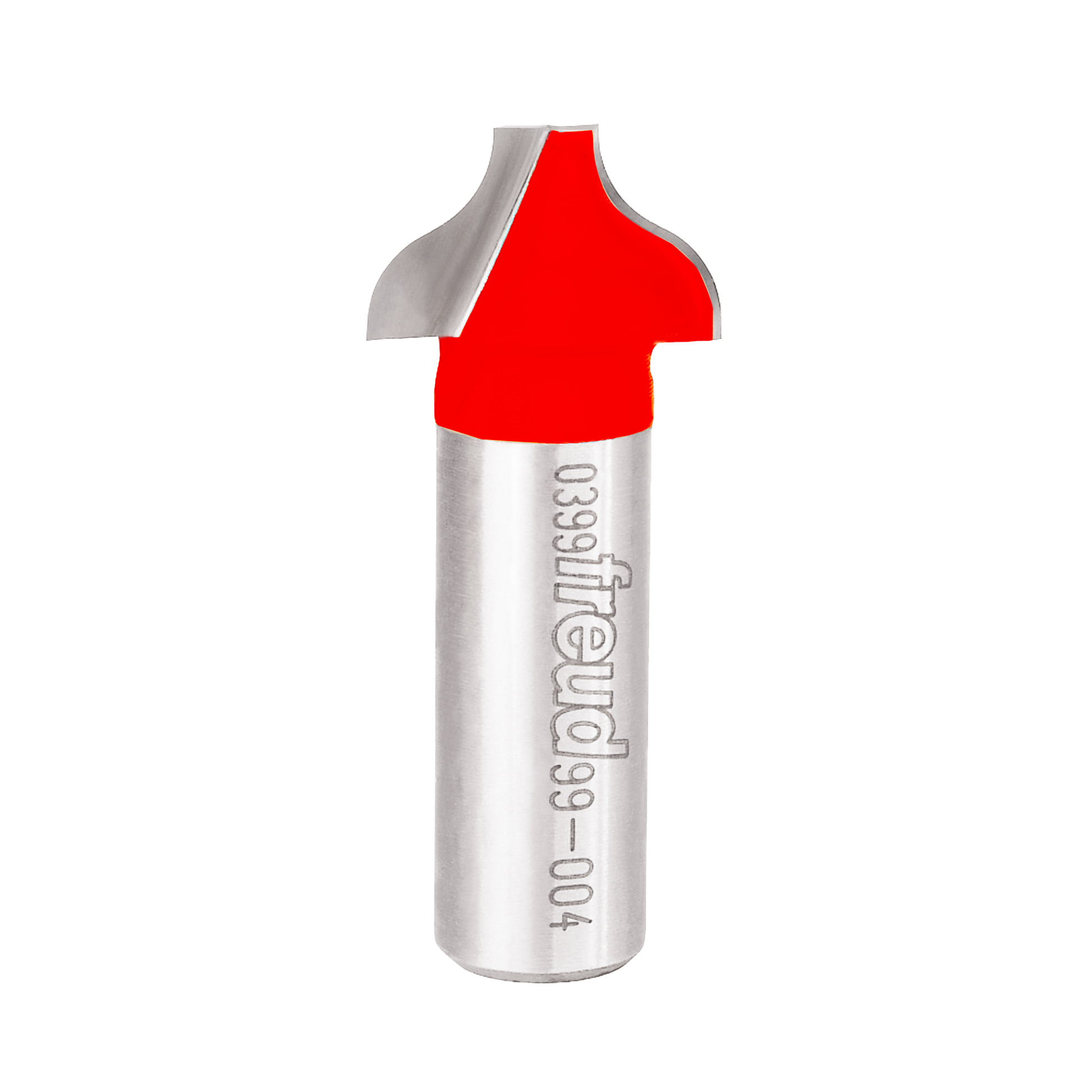 Red and silver ogee groove router bit with curved cutting head and cylindrical shank marked with model number.