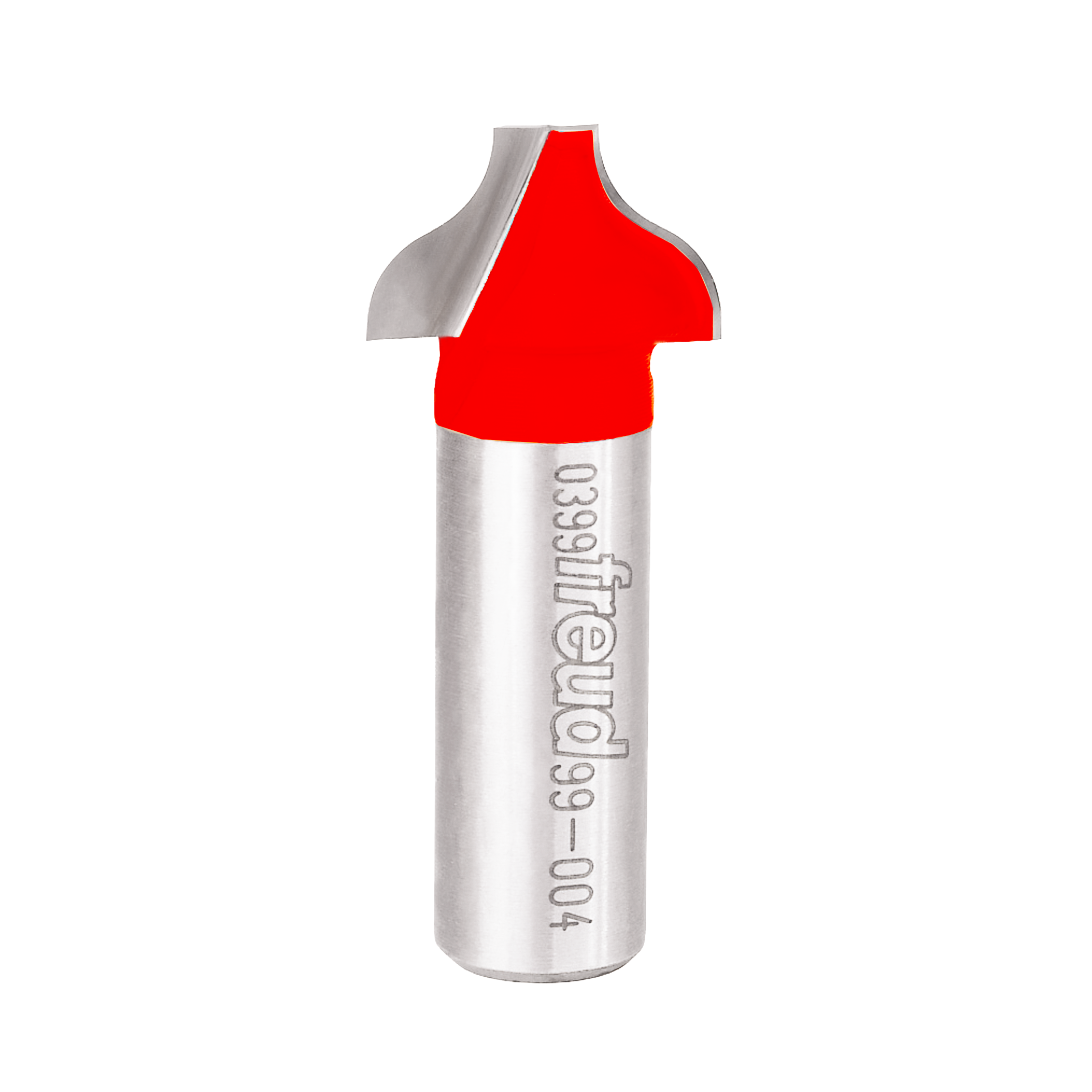 Red and silver ogee groove router bit with curved cutting head and cylindrical shank marked with model number.