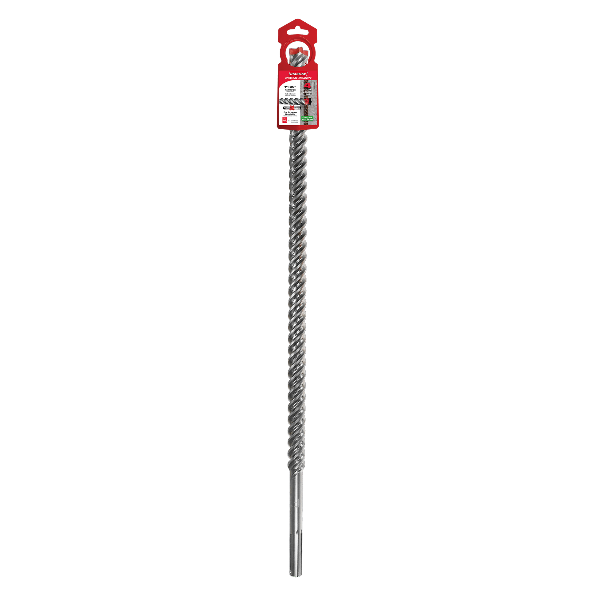Diablo SDS-Max 4-cutter carbide hammer drill bit with red packaging tag and twisted metal shaft.