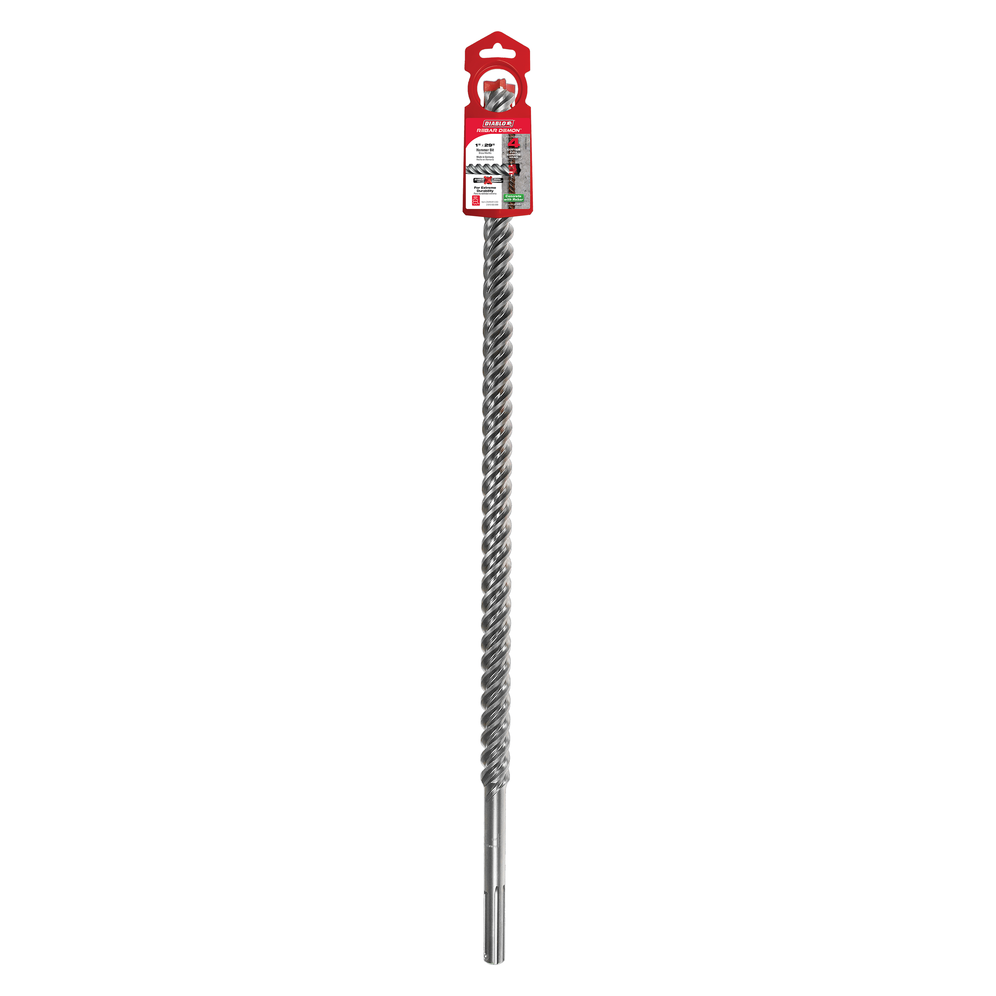 Diablo SDS-Max 4-cutter carbide hammer drill bit with red packaging tag and twisted metal shaft.
