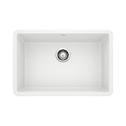 White single-bowl undermount kitchen sink with stainless steel drain basket and rounded corners.