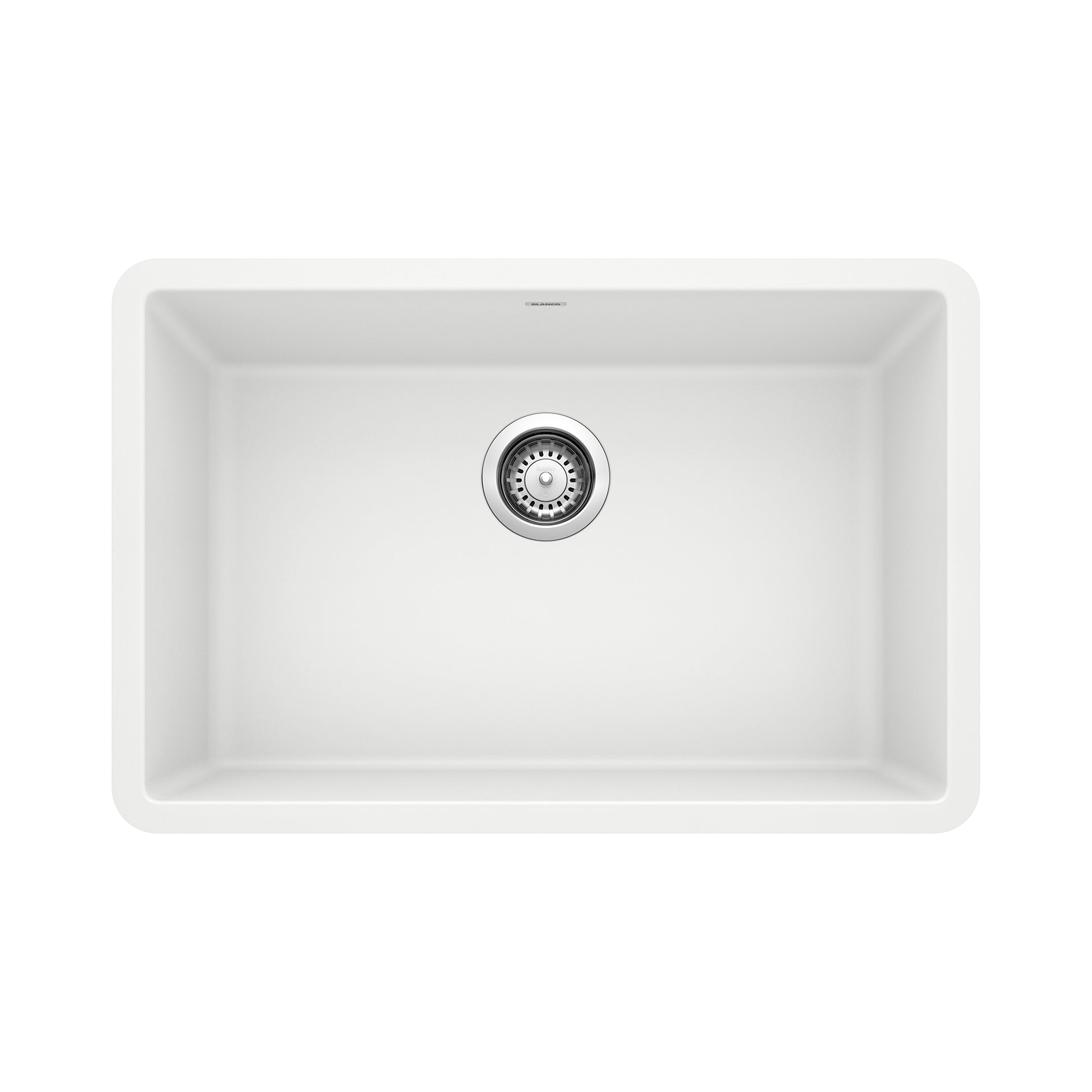 White single-bowl undermount kitchen sink with stainless steel drain basket and rounded corners.