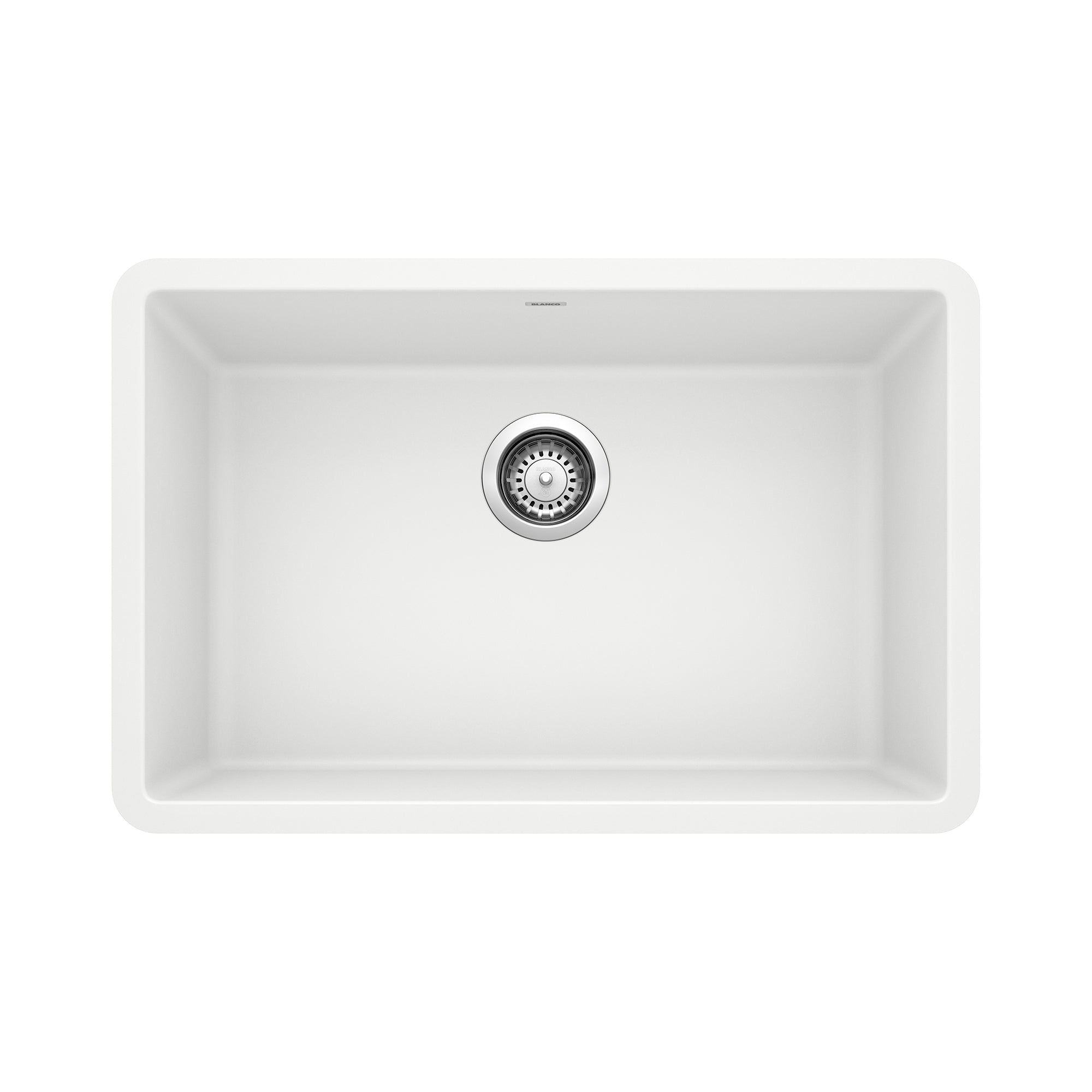 White single-bowl undermount kitchen sink with stainless steel drain basket and rounded corners.