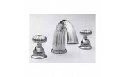 Chrome roman tub faucet with arched spout and two cross-handle valves on white background.
