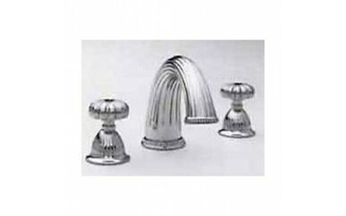 Chrome roman tub faucet with arched spout and two cross-handle valves on white background.