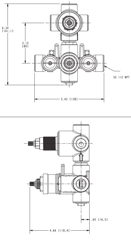Technical drawing of Newport Brass thermostatic rough-in valve with top and side views showing port connections and dimension