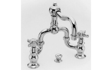 Polished chrome three-piece widespread bathroom sink faucet with curved spout and dual handles.