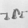 Satin bronze widespread bathroom sink faucet with curved spout and lever handles.