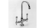 Oil rubbed bronze bar faucet with curved goose neck spout and dual lever handles.