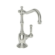 Polished nickel single-handle cold water dispenser with curved spout and ornamental finial on round base.