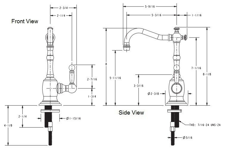 Polished nickel Chesterfield cold water dispenser with curved spout shown in front and side technical drawings with dimension