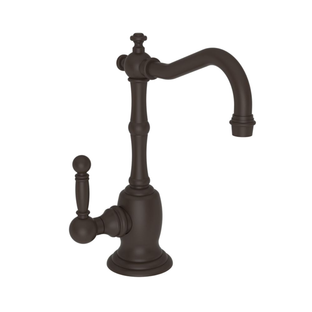 Oil rubbed bronze hot water dispenser faucet with curved spout and single lever handle on round base.