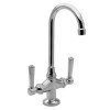 Polished nickel two-handle prep faucet with curved spout and square base.