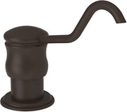 Oil rubbed bronze soap dispenser with curved spout and cylindrical pump body.