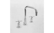 Satin nickel three-piece bathroom sink faucet with curved spout and square-shaped handles.