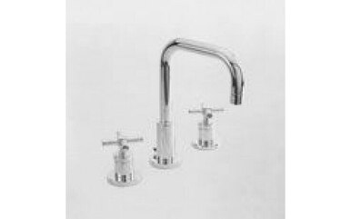 Satin nickel three-piece bathroom sink faucet with curved spout and square-shaped handles.