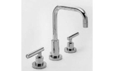 Satin nickel three-piece bathroom sink faucet with square spout and lever handles.