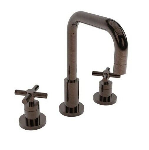 Three-piece widespread bathroom faucet with high arched spout and cross handles in brushed nickel finish.