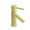 Single-hole bathroom faucet with cylindrical body and angled spout in brushed brass finish.
