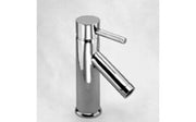 Satin nickel single-hole bathroom sink faucet with cylindrical body and angled spout lever.