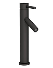 Flat black single-hole vessel faucet with tall cylindrical body, side lever handle, and angled spout with aerator.