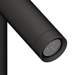 Flat black single-hole vessel faucet spout with aerator screen visible at tip.