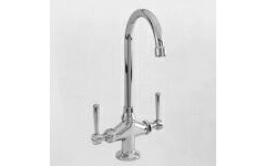 Chrome bar faucet with curved spout and two lever handles mounted on single base.