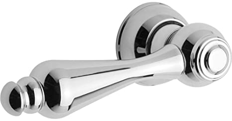 Chrome lever handle faucet with round mounting plates and tapered spout design.