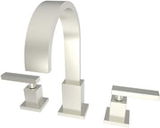 Satin nickel widespread lavatory faucet with curved spout and lever handles on square bases.