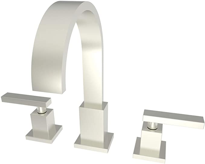 Satin nickel widespread lavatory faucet with curved spout and lever handles on square bases.
