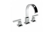 Polished nickel three-piece widespread lavatory faucet with curved spout and lever handles.
