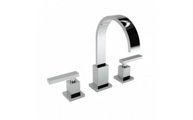 Polished nickel three-piece widespread lavatory faucet with curved spout and lever handles.