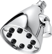 Chrome rainfall showerhead with multiple spray jets and adjustable arm mount.