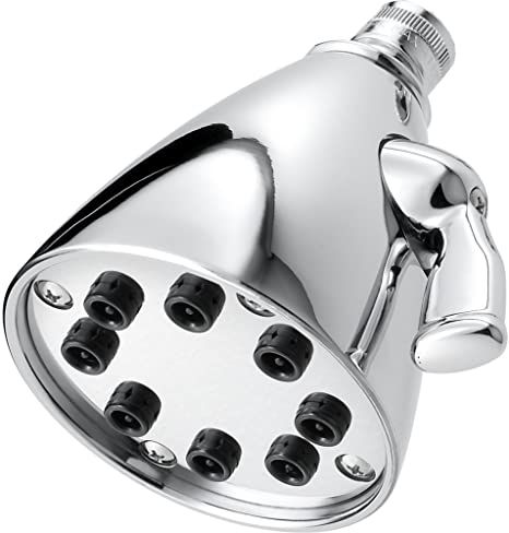 Chrome rainfall showerhead with multiple spray jets and adjustable arm mount.