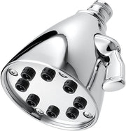Polished chrome rainfall shower head with eight adjustable spray jets and brass connector arm.