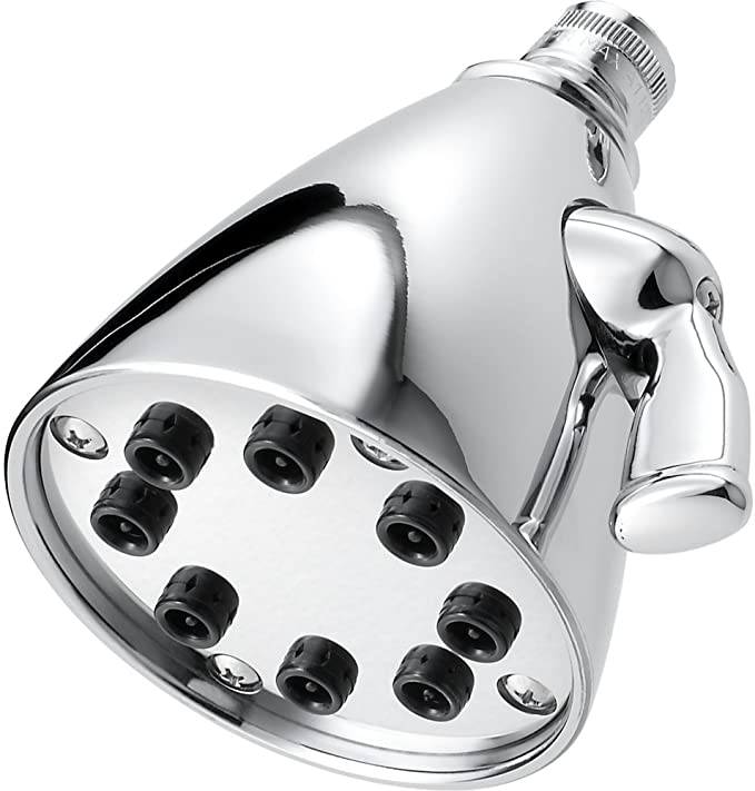 Polished chrome rainfall shower head with eight adjustable spray jets and brass connector arm.