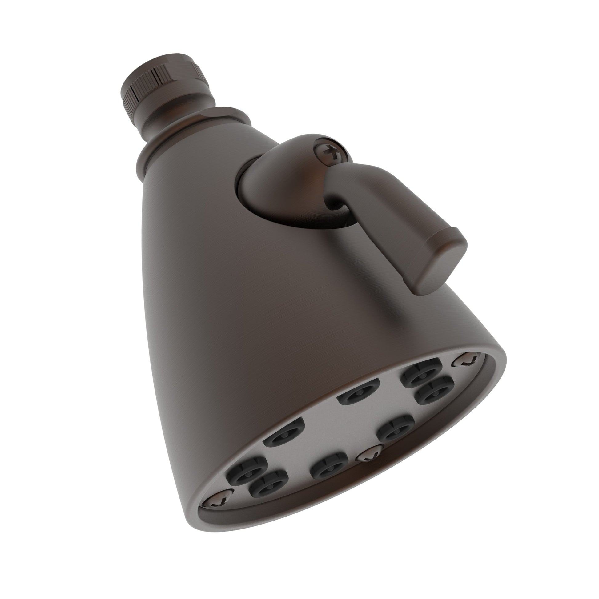 English bronze rainfall shower head with adjustable ball joint and multiple spray ports on the face.