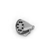 Round satin nickel rainfall shower head with perforated face and threaded mounting connection.
